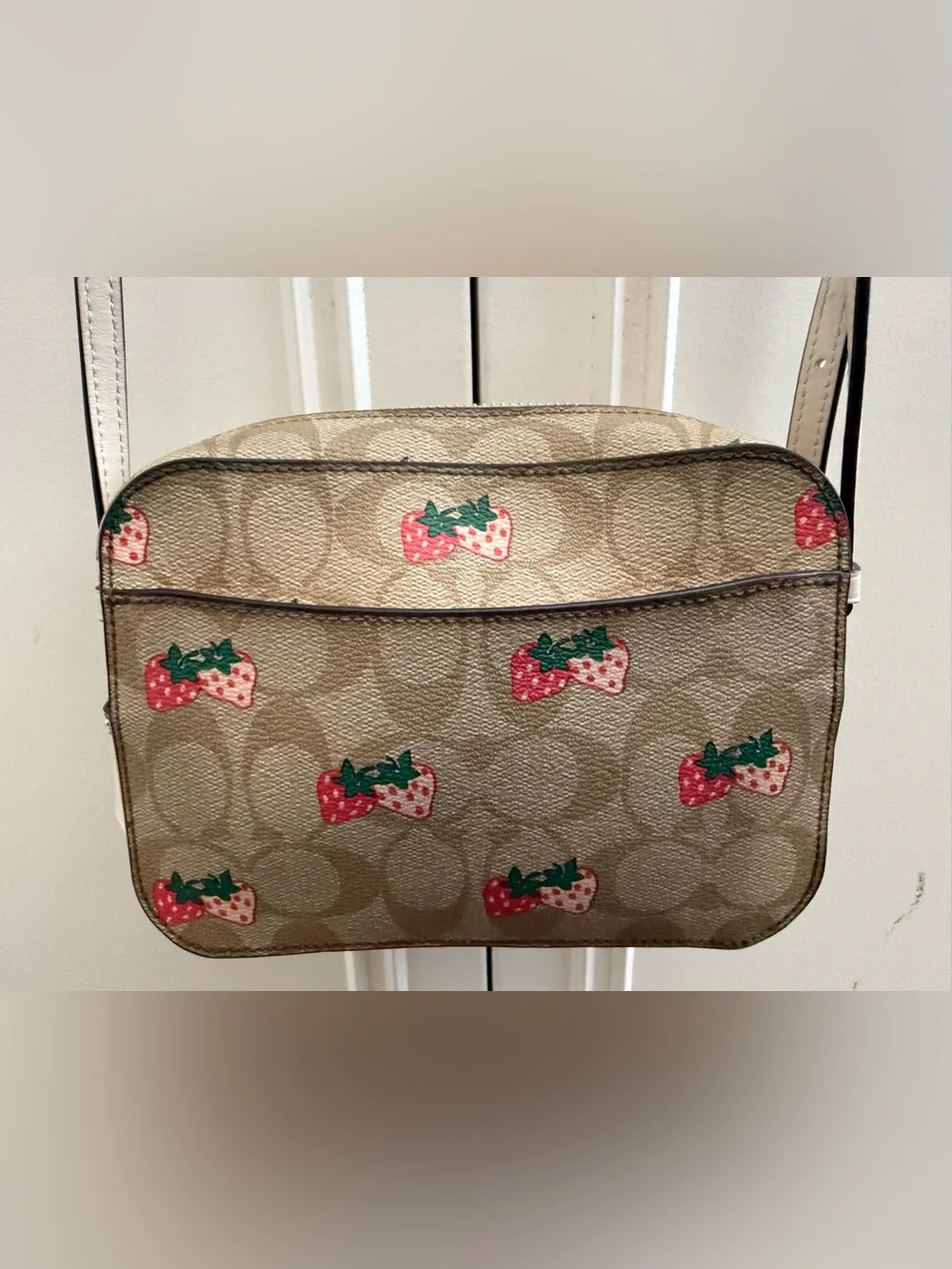 COACH Signature Canvas Cosmetic Pouch in Brown with Red Strawberry Print
